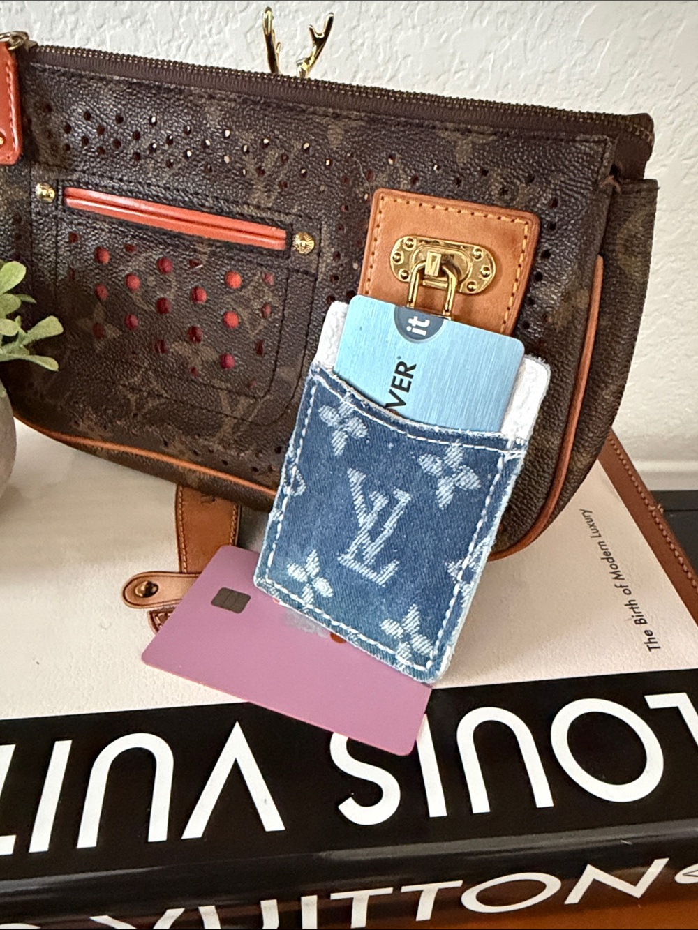 Upcycled Louis Vuitton Denim Monogram /leather Card Sleeve in Blue and White